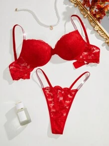 ثوب النوم المكون من حمّالة الصدر ذات الأسلاك والبنطلون الداخلي بنقش الدانتيل الزهري - الأحمر - مشاهدة 1