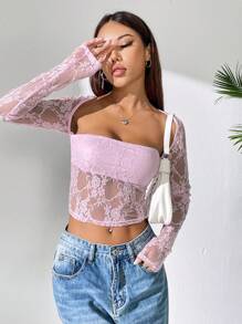 INAWLY 女士純色蕾絲長袖上衣 - 粉色 - 查看 1