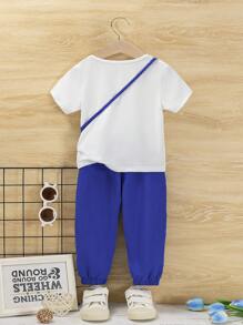 寶寶女孩夏日休閒學院風度假車印花短袖襯衫,配有鏈條和袋子的連身褲 - 彩色 - 查看 4