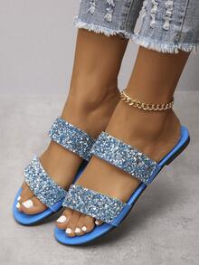 Kích thước lớn 35-43 Của phụ nữ Ngoài trời Mùa hè Đúng mốt Xanh chất liệu da PU Dép đi trong nhà Với Pha lê , Mềm mại Chóp giầy tròn Dép phẳng Đối với Hằng ngày Mặc - Màu xanh lam - Xem 4