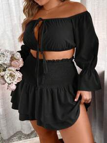 Sunnyshic Kích thước lớn Của phụ nữ Màu thuần Mặt trước Buộc Off Shoulder Tay áo chuông Quần skinny Bộ đồ trên và váy - màu đen - Xem 4