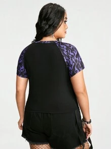 ROMWE Grunge Punk Camiseta ajustada con manga raglán, decorada con piedras rhinestone y estampado de llamas, para mujeres de talla grande amantes de las motos