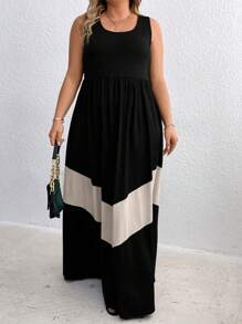 SHEIN Clasi Plus Size Women's Summer Color Block Sleeveless Midi Length Casual Dress With Round Neckline Maxi Women Outfit - Khaki - View 3