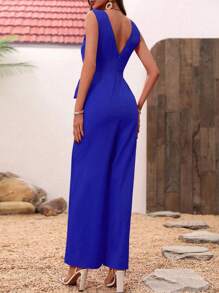 SHEIN Clasi Mono De Pierna Ancha De Color Sólido Con Escote En V Profundo Y Moda Para Mujeres, Ideal Para Fiestas De Vacaciones De Verano - Azul - Ver 2