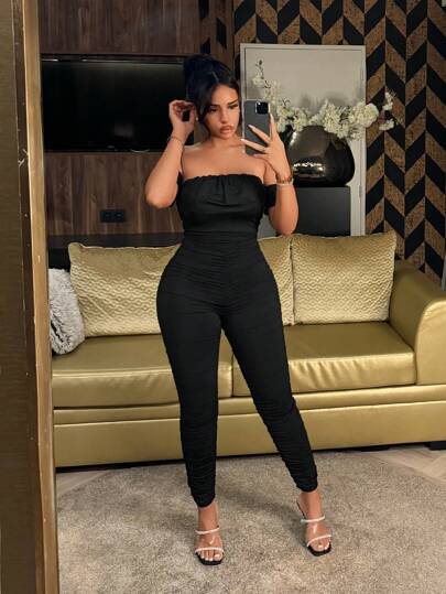 SHEIN SXY Off-Shoulder Ruffle Detail Sexy Bodycon Jumpsuit