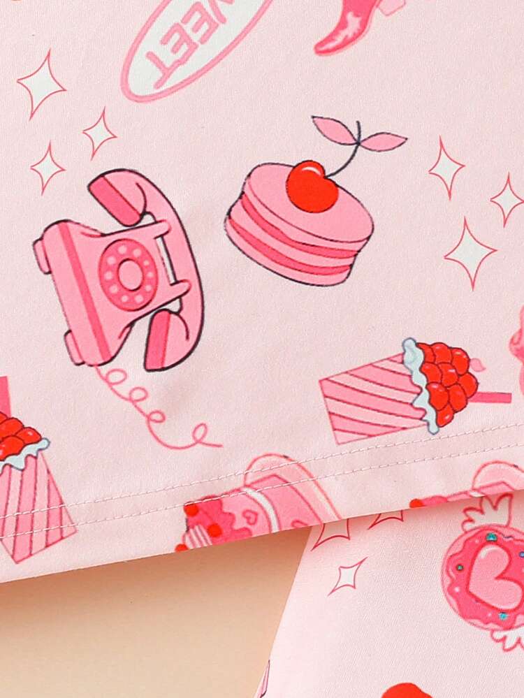 Tween Girl Simple Pink Series Printed Shorts And Short Sleeve Casual 2pcs Home Clothing Set