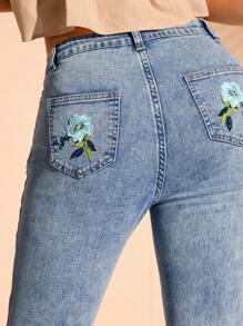 Forever 21 Women's Floral Embroidered Flared Jeans - Light Wash - View 5
