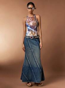Forever 21 Women's Vintage Washed Denim Pencil Skirt With Mermaid Hem - Blue - View 5