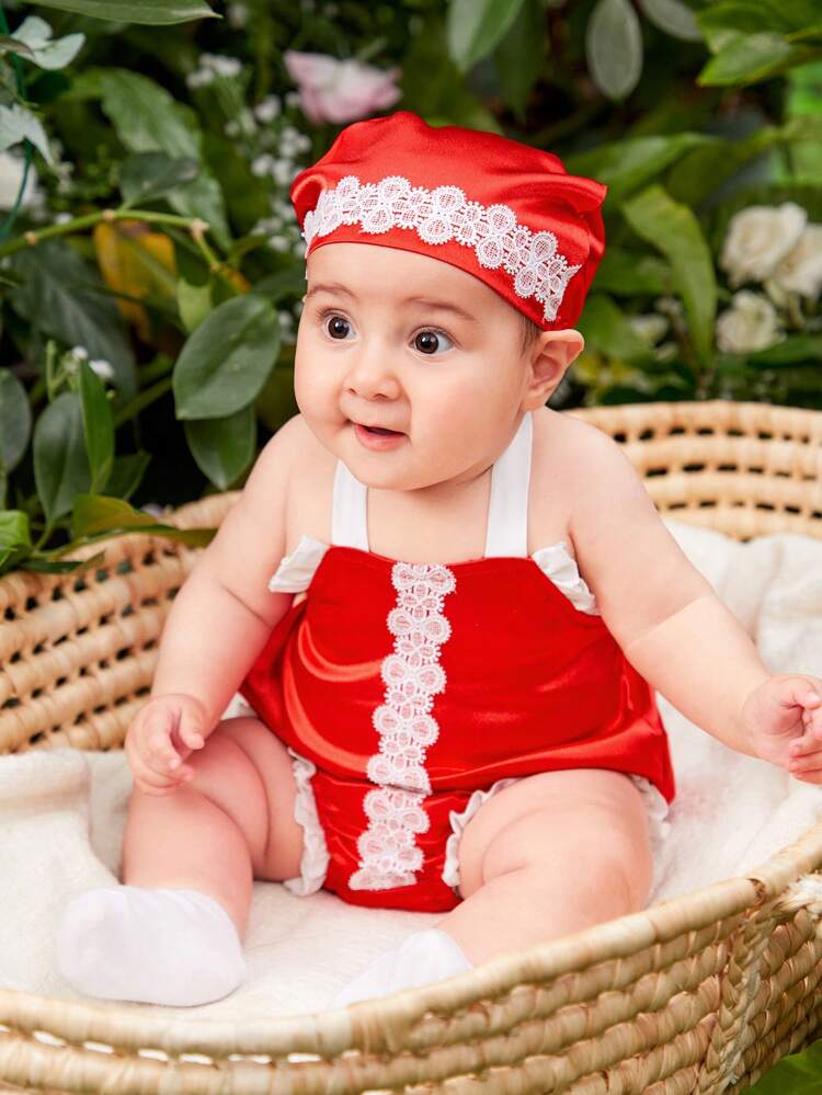 Newborn Baby Girl Spring/Summer Red Lace Halter Bodysuit, Elegant And Gorgeous Photoshoot Clothing