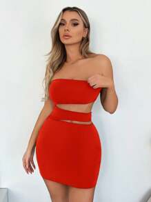 SHEIN SXY Solid Color Hollow Out Slim Fit Strapless Mini Dress Suitable For Summer