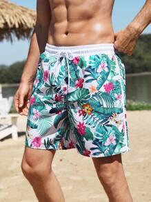 Manfinity 1pc Men's Tropical Printed Beach Shorts Couples Matching Swimwear Vacation,Hawaiian - Multicolor - View 5