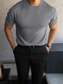 Men's Solid Color Minimalist Everyday Short Sleeve Knit Sweater - Dark Grey - View 4