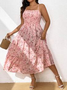 Flirla Plus Size Floral Print Cami Dress With Ruffled Hem For Summer Trip Maxi Vacation Beach Outfits Women