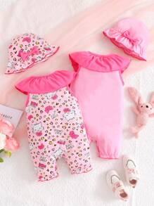Baby Girls' 2pcs/Set Lovely Cat Pattern Romper With Ruffle Hem Round Neckline & Bowknot Decorated Hat - Pink - View 2