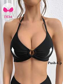 Swim DD+ Summer Beach Ring Linked Halter Bikini Top - Black - View 1