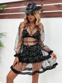 Breezaya Women's Silver Star Print Mesh Sheer Top - Black - View 3