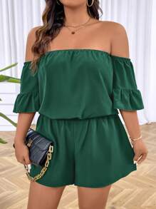 SHEIN LUNE Conjunto de 2 piezas para mujer de talla grande de blusa de hombros descubiertos y shorts de unicolor de verano - Verde - Ver 1