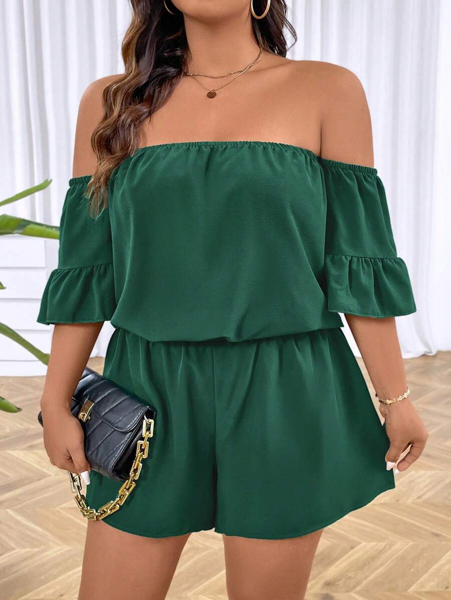 SHEIN LUNE Conjunto de 2 piezas para mujer de talla grande de blusa de hombros descubiertos y shorts de unicolor de verano - Verde - Ver 1