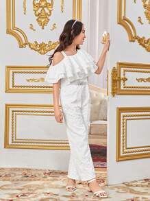 SHEIN Tween Girls Loose Cute Vacation Ruffle Trimmed Long Jumpsuit - White - View 5