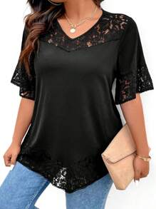 Elenzga 大尺碼女士蕾絲拼接短袖t恤 - 黑色 - 查看 4