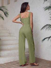 SHEIN LUNE Overoles lisos de mujer decorados con botones - Verde militar - Ver 2