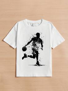 SHEIN Leap Crew 少年男孩休閒圖案印花短袖t卹,適合夏季穿著 - 白色 - 查看 2