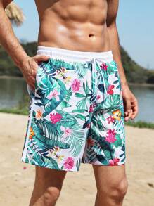 Manfinity 1pc Men's Tropical Printed Beach Shorts Couples Matching Swimwear Vacation,Hawaiian - Multicolor - View 4