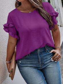 SHEIN LUNE Camiseta De Talla Grande Con Dobladillo De Volantes Y Cuello Redondo Manga Corta Para El Verano