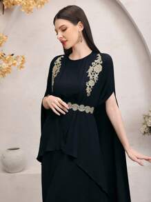 Modelyn Women's Embroidery Poncho And Sleeveless Dress Set 2 Pieces Set - Black - View 1