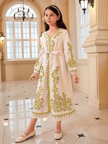 SHEIN Vestido de manga larga con cuello en V y estampado floral para niña preadolescente, con un toque de romanticismo y glamour, para primavera/verano - Café integral - Ver 3