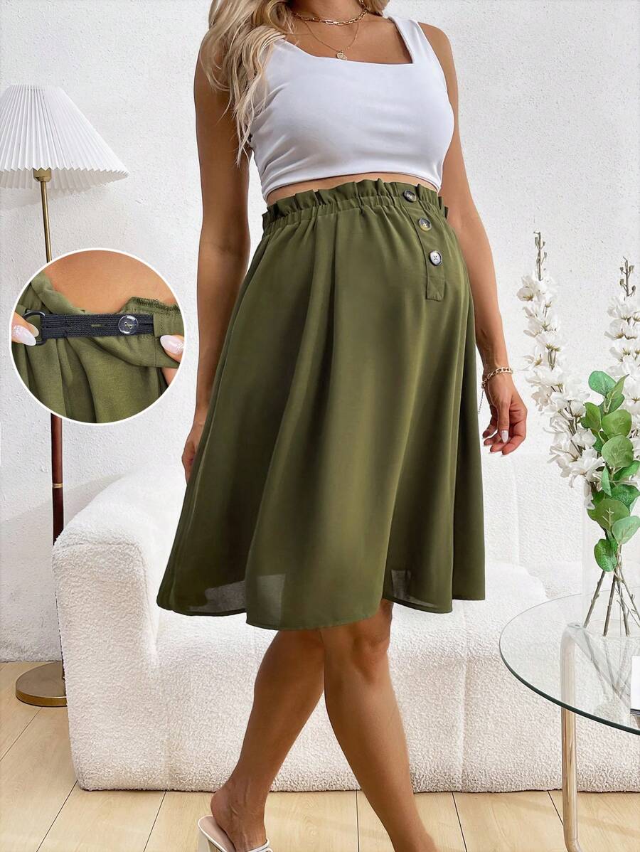 SHEIN Casual And Comfortable High Waisted Elastic Waistband With Button Decor Short Maternity Skirt, Suitable For Spring And Summer - Army Green - View 1