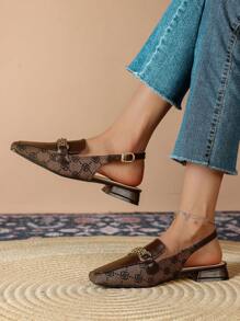 Women's Flat Vintage Square Toe Floral Embroidery With Fashion Buckle And Back Strap, Slingback Shoes Valentines - Coffee Brown - View 5