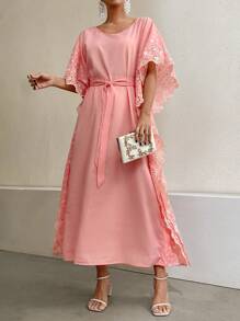 Al Najma Women's Round Neck Loose-Fit Turkish Long Shirt With Patchwork, Burned Out Embroidery & Batwing Sleeves Kaftan Jalabiya Dress - Pink - View 3