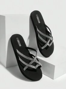 时尚黑色水钻装饰女士拖鞋度假鞋夏季促销返校鞋大学生鞋圣诞节秋季新年假期 - 黑色 - 查看 3