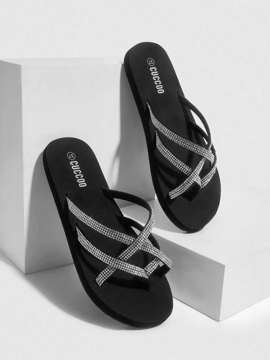 Fashionable Black Rhinestone Decorated Slippers For Women Vacation