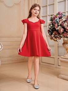 SHEIN 少女雙層荷葉袖針織裙,愛心領設計 - 紅色 - 查看 5