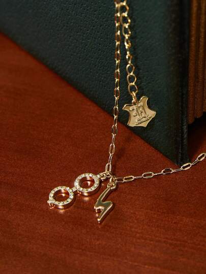 HARRY POTTER X SHEIN Gafas de color dorado y collar con colgante de cristal de forma de rayo, joyería de moda, regalos, Día de San Valentín, vuelta al colegio
