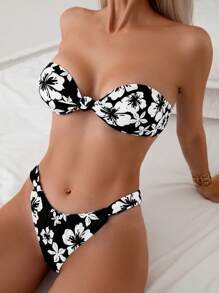 SHEIN Swim 女士时尚花卉印花比基尼套装夏季海滩 - 黑色 - 查看 3