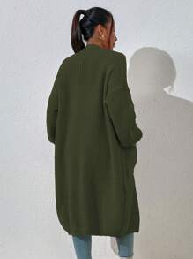 EMERY ROSE Solid Color Simple Long Sleeve Cardigan,Long Sleeve Tops Fall Winter Cloth For Women - Army Green - View 2