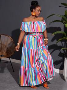 Slaydiva Rainbow Color Stripe Print Plus Size Women Long Dress, Off Shoulder Ruffle Patchwork A-Line Casual Vacation Dress, Pride Month