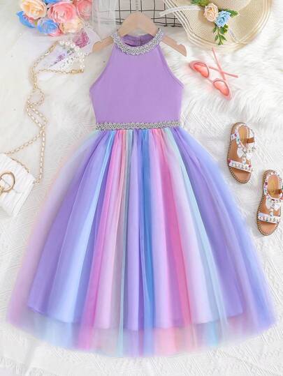 Sparklyn Vestido Princesa De Verano Para Niñas De Entre 9 Y 14 Años, Cuello Halter De Malla Con Gradiente De Color