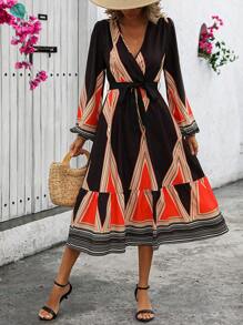 SHEIN Clasi Geometric Print Wrap Front V-Neck Belted Dress Fall Cloth For Women - Black - View 5
