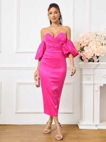 SHEIN Belle Off-The-Shoulder Bubble Sleeve Pleated Dress - Hot Pink - View 2