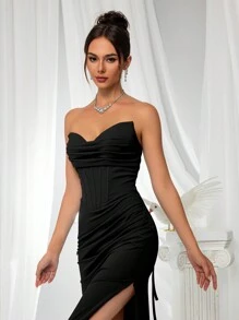 VIPGIRL Elegant Bridesmaid Dress: Strapless Flattering Fitted Satin Gown With Corset Bodice & Draped Waist – Minimalist Luxury Formal Evening Wear, Wedding Guest Outfit - Black - View 5