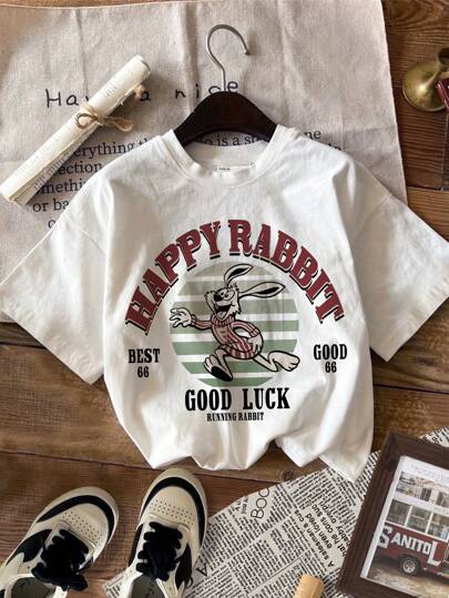 SHEIN Young Girls' Casual Graphic Print Short Sleeve T-Shirt, Suitable For Summer Country Music Theme Events