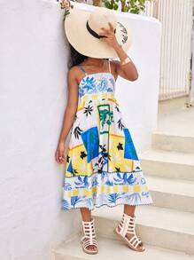 SHEIN Tween Girls' Casual Spring/Summer Woven Floral Printed Spaghetti Strap Dress For Vacation
