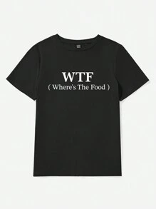 Muchica Áo thun nữ dáng rộng in slogan ngộ nghĩnh cổ tròn, thích hợp cho mùa hè WT (Thức ăn ở đâu) - màu đen - Xem 4