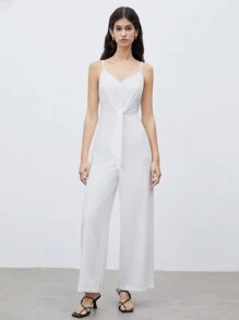 SHEIN Unity Ladies" White Solid Color Belted Strap Jumpsuit, Summer Workwear - White - View 7