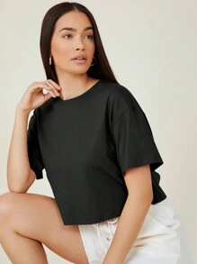 SHEIN BASICS 圆领休闲落肩纯色短款 T 恤