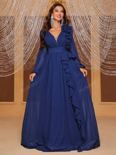 YISIKADO 1pc Women Solid Color Long Sleeve Ruffled Trim Casual Dress Elegant Formal Evening Prom Wedding Guest Gown, For Graduation, Dinner